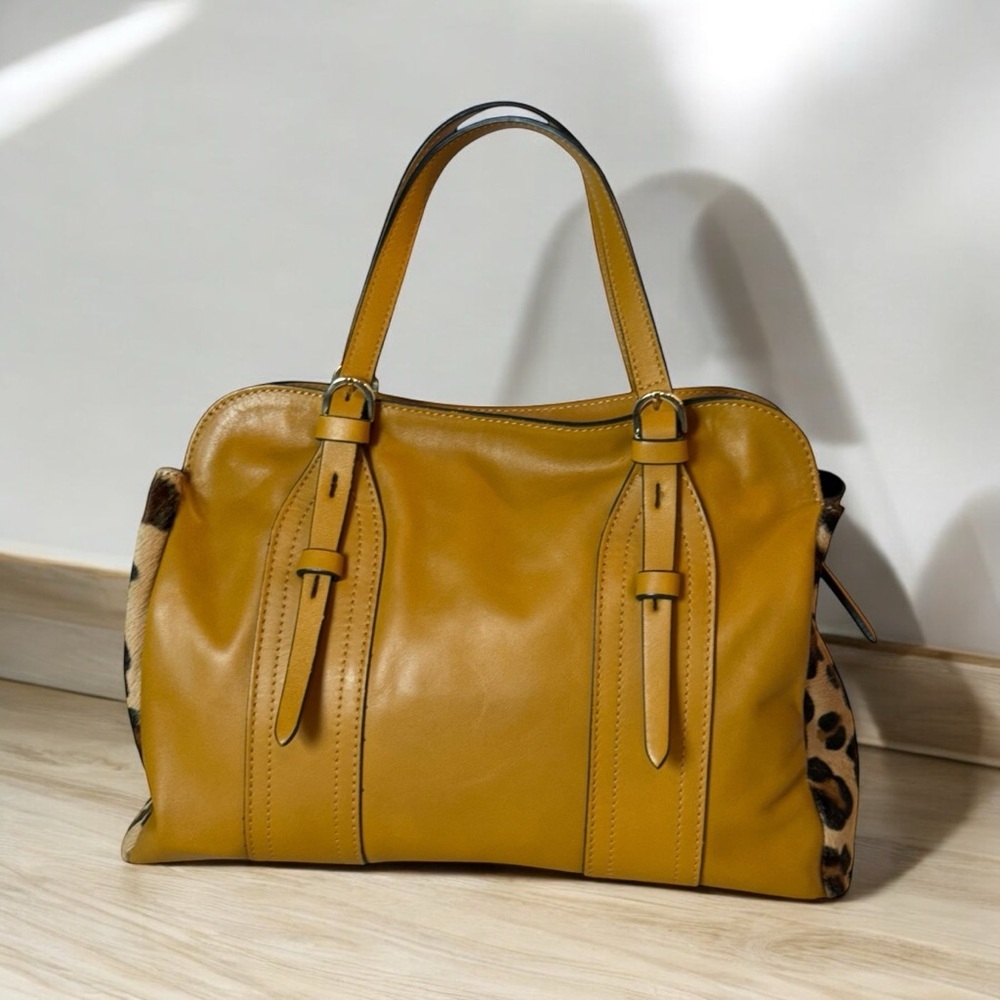A. BELLUCCI GENUINE LEATHER MUSTARD TOTE WITH CHEETAH PRINT SIDES –MADE IN ITALY